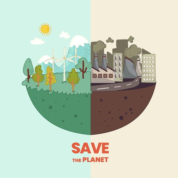 an image of save the planet poster with trees and buildings in two separate sections,