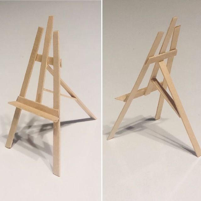 two pictures of small wooden easels sitting side by side