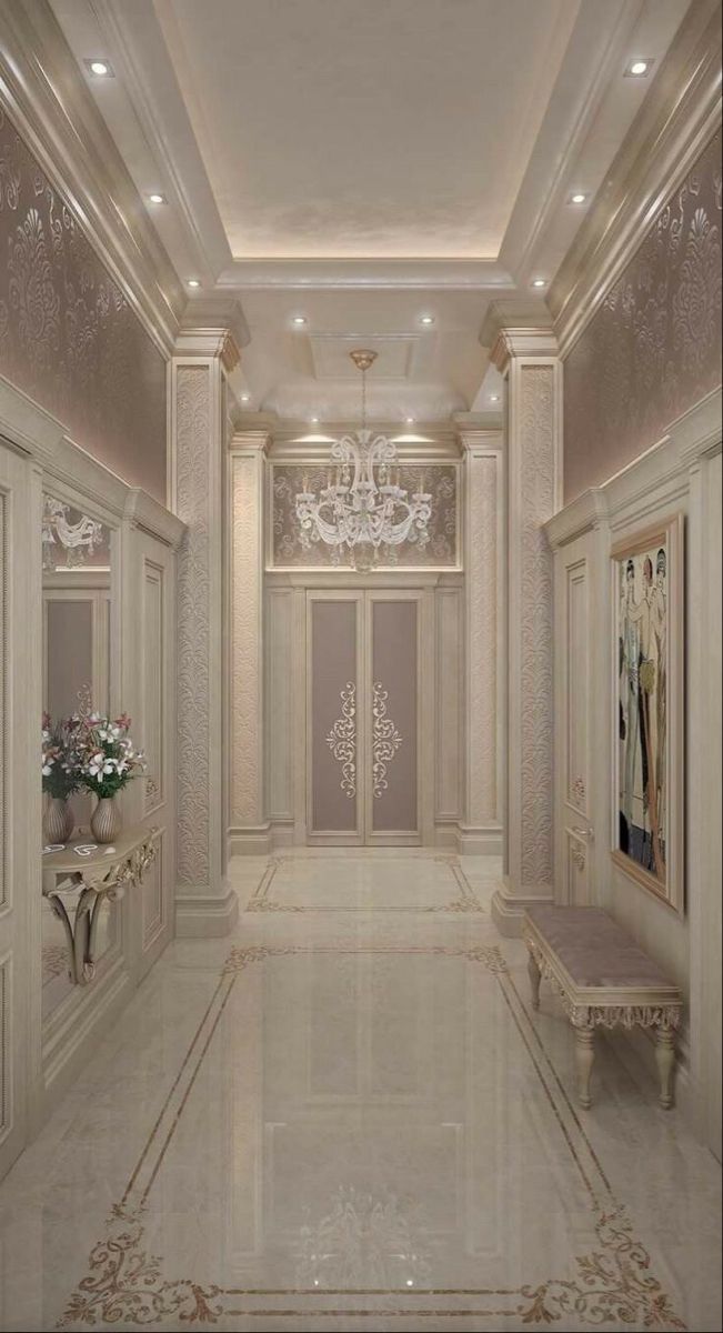 an elegant hallway with chandelier and marble flooring is pictured in this rendering