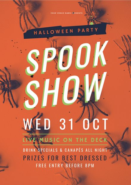 the halloween party poster for spook show with spider webs on orange background and black text