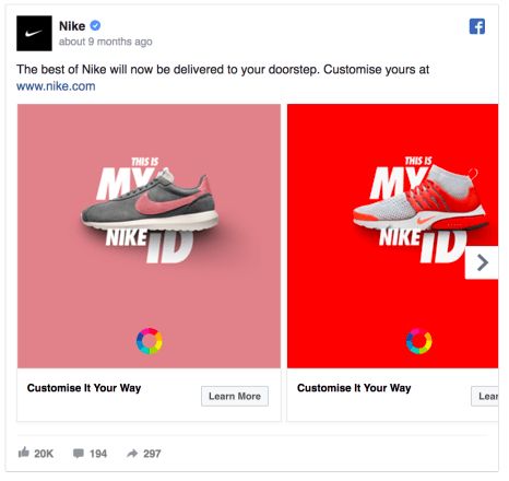 two screenshots showing different nike shoes on the same page, one is red and one is blue