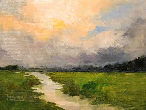 an oil painting of a river running through a green field with clouds in the background