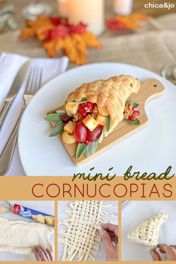 a collage of photos showing different types of bread and fruit on a cutting board with the words mini bread cornucopias