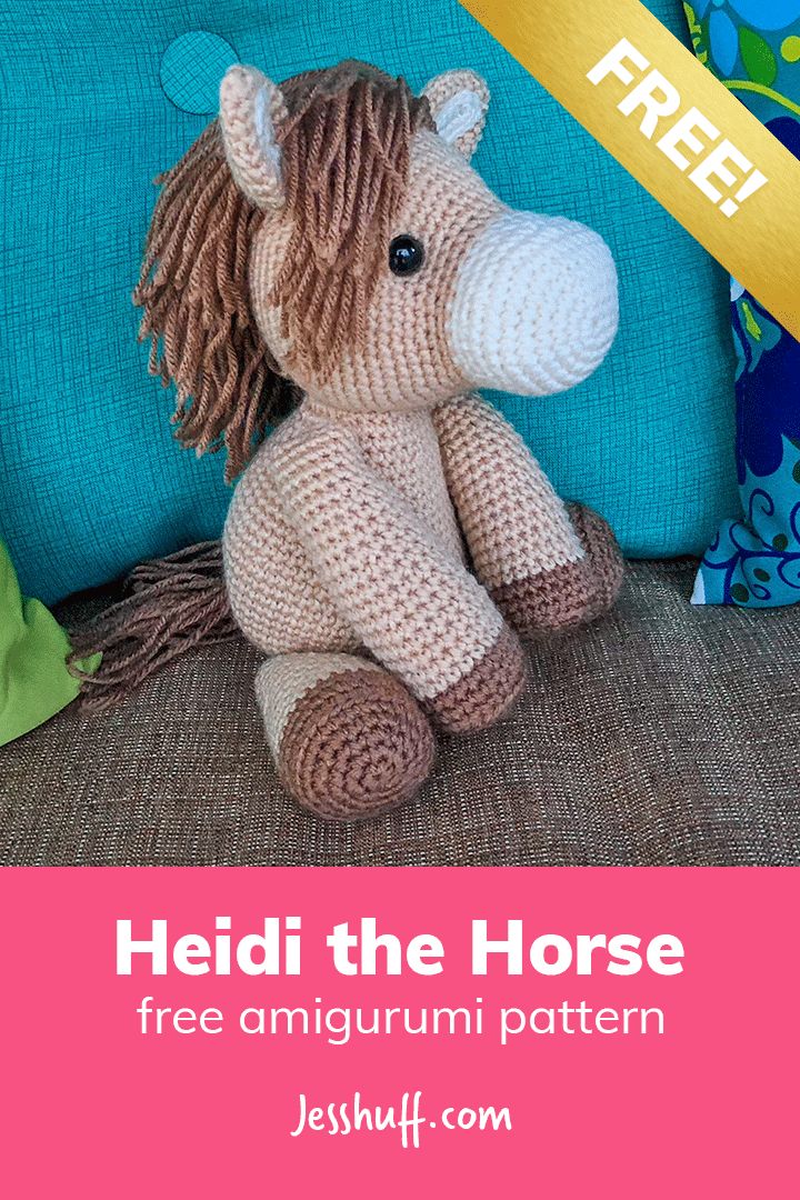 a crocheted stuffed horse sitting on top of a couch next to pillows with text overlay that reads, hedi the horse amigurm crochet pattern