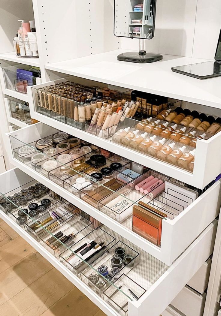 the drawers are full of cosmetics and makeup products