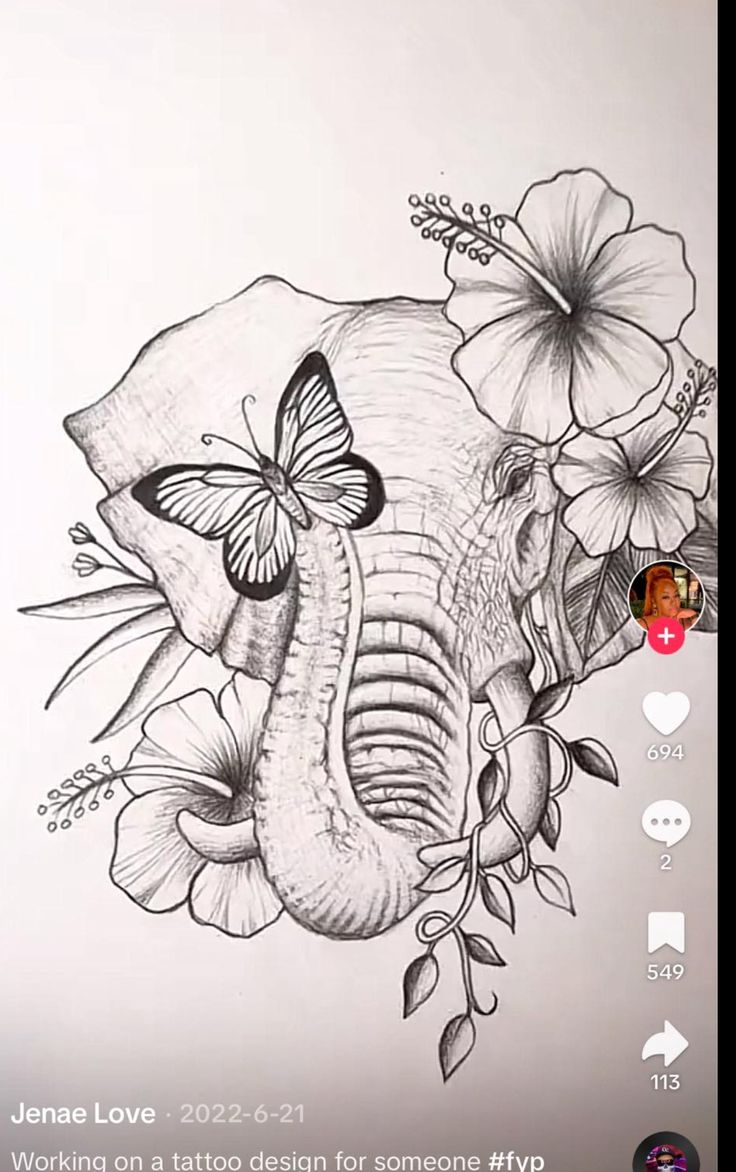 an elephant with flowers and a butterfly on it's head is shown in this drawing