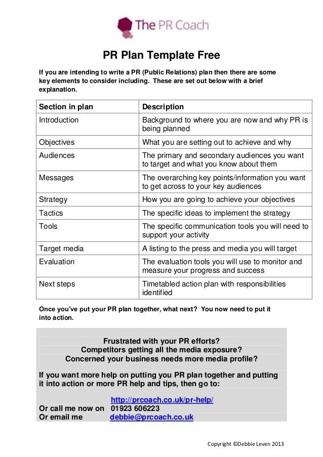 the pr coach's plan template is shown