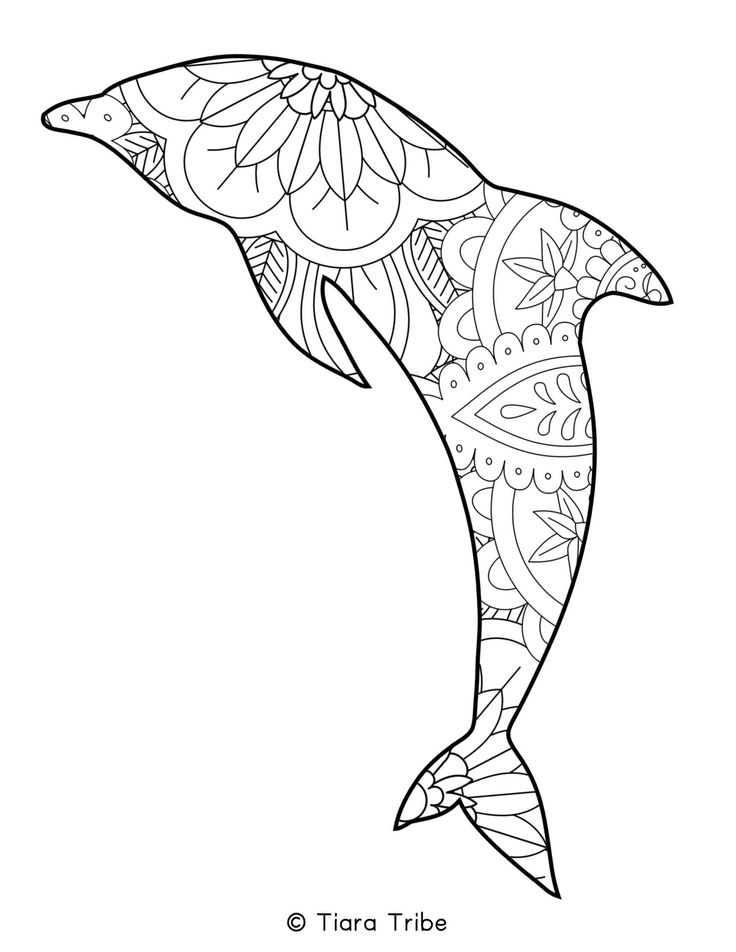 a dolphin with floral designs on it's back and side, in black and white