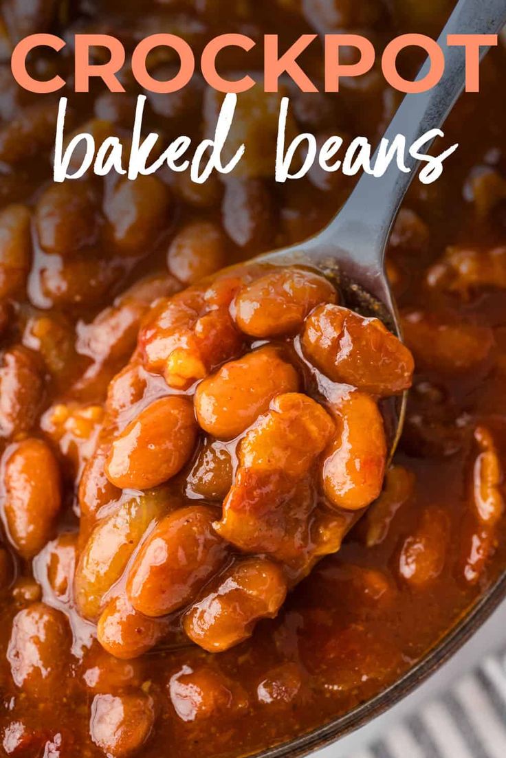 crockpot baked beans in a bowl with a spoon