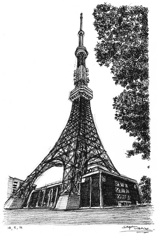 the eiffel tower in black and white with trees around it, drawn by hand