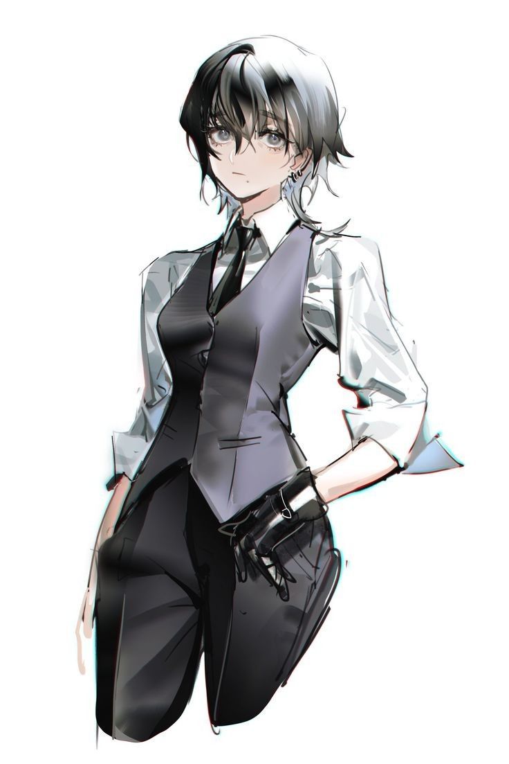 an anime character is dressed in black and silver