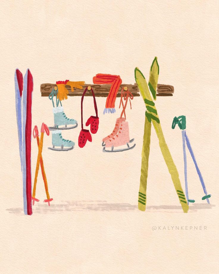 an illustration of skis and snow shoes hanging on a clothesline with poles in the foreground