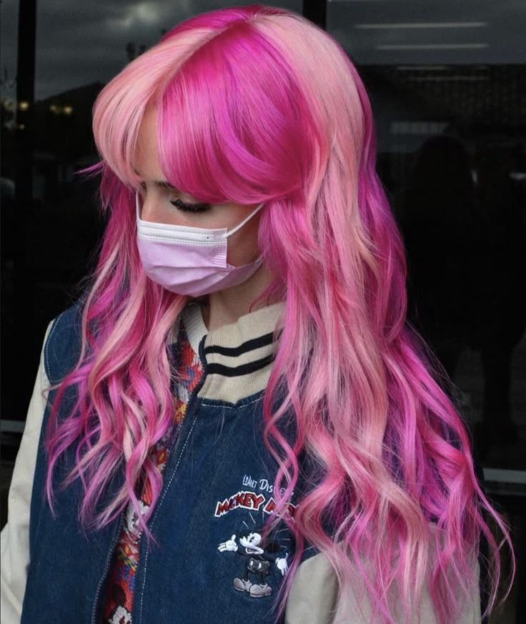 Pink Fashion Color Hair, Hair Color Inspo Colorful, Pink And Red Color Block Hair, 4 Way Split Dyed Hair, Pink And Purple Color Block Hair, Red Pink And Black Hair, Hair Color Ideas Crazy, Alternative Pink Hair, Pink Vivid Hair