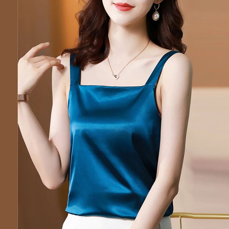 Christmas Gift Silk Top Women Halter Vest Basic Tank Tops Woman Sleeve – Sonicelife Blue Satin Top Outfit, Collar Neck Blouse, Satin Top Outfit, Blue Satin Top, White Satin Top, Satin Tops, Green Champagne, Silk Halter Top, Halter Vest