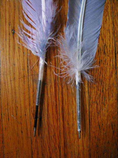 two white feathers sitting on top of a wooden table