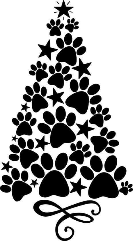 a black and white christmas tree with dog paw prints on it's bottom, surrounded by stars