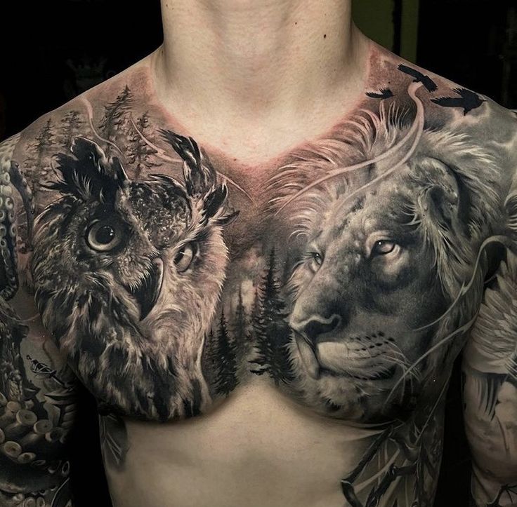 a man with tattoos on his chest and chest is wearing an owl and lion tattoo