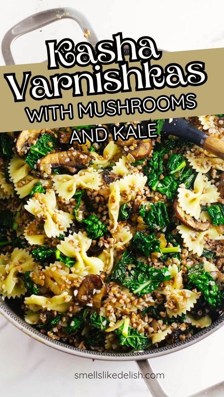 Kasha Varnishkes is a traditional Jewish dish that combines the nutty
 flavor of kasha (roasted buckwheat groats) with bowtie pasta. This 
classic recipe has been passed down through generations, and it 
continues to be a beloved comfort food. 
In this modern twist, we've added sautéed Crimini mushrooms, onions, garlic, and Lacinato Kale for a hearty and flavorful meal. Kasha Varnishkes, Frozen Casserole Recipes, Creamy Lasagna, Crunchy Coleslaw, Matzah Ball Soup, Lacinato Kale, Matzah Ball, Creamy Orzo, Jewish Cuisine