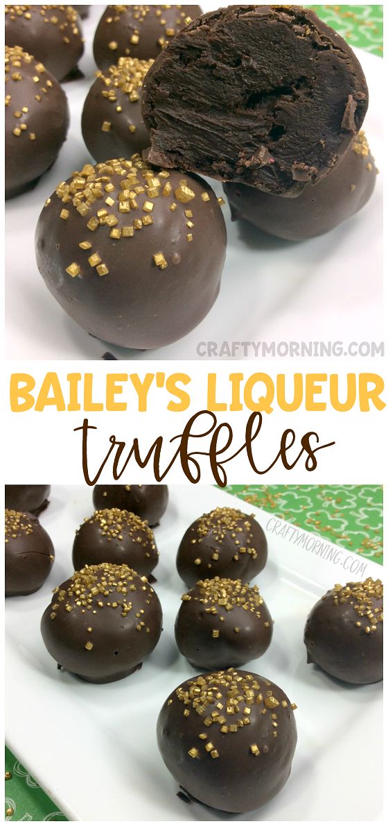 chocolate truffles with gold sprinkles on top and the words bailey's liquor truffles above them