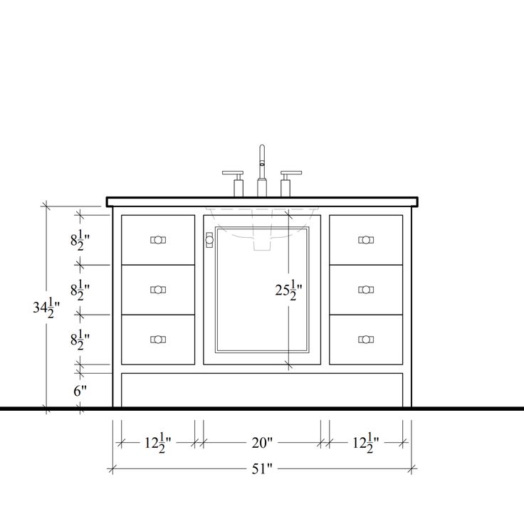 a drawing of a bathroom vanity with two drawers and a sink in the center, along with measurements