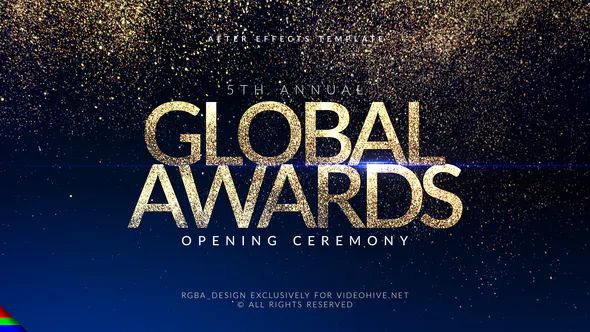 an advertisement for the 5th annual global awards, with gold glitters and blue sky in the background