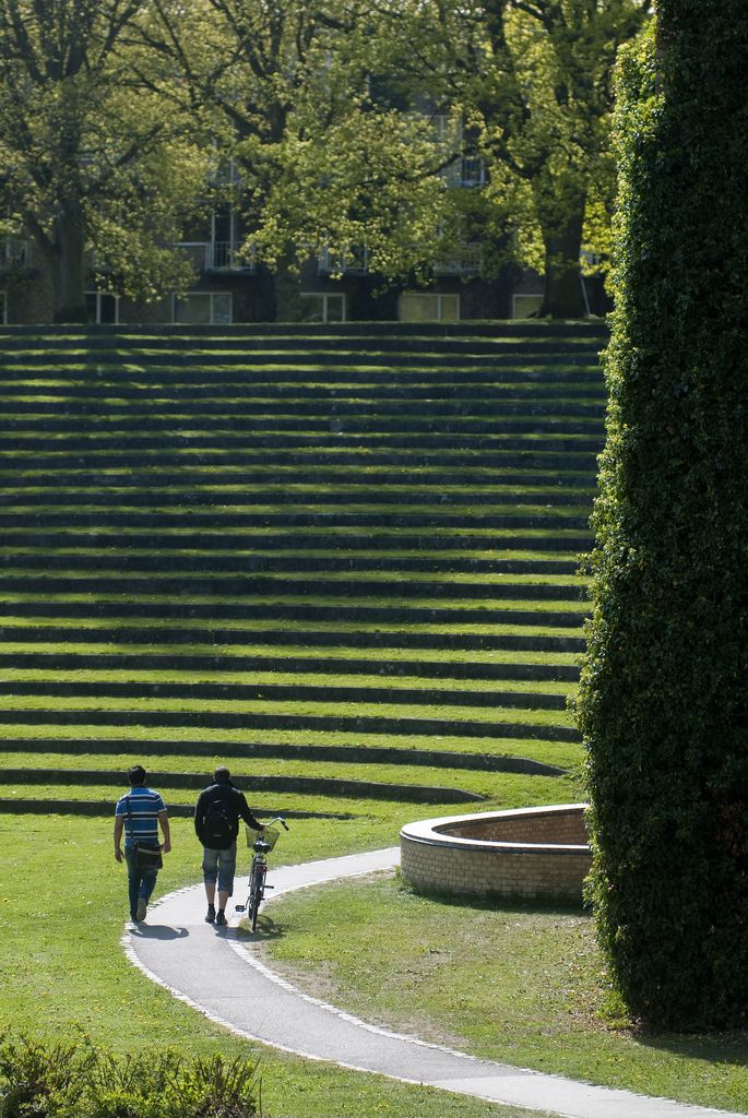 two people walking down a path in the middle of a grassy area with steps on each side