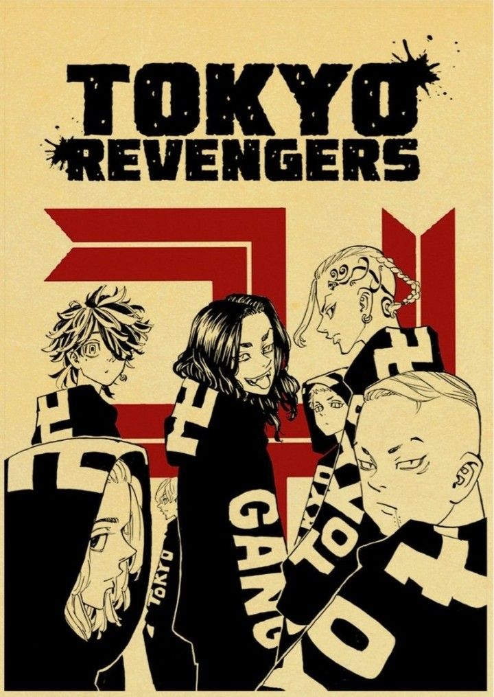 the poster for tokyo revengers, which is featured in black and red colors