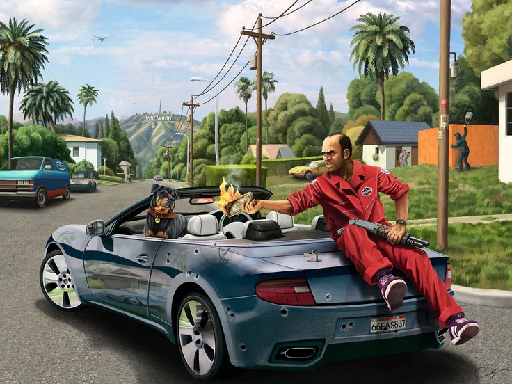 a man sitting on the back of a sports car in front of a street with palm trees