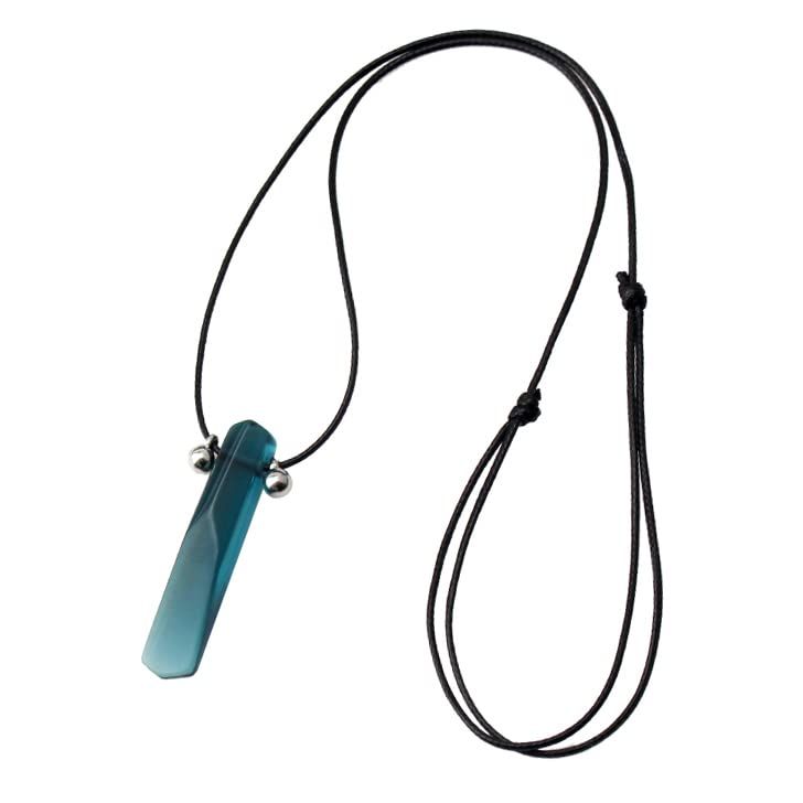 a blue necklace with a black cord hanging from it