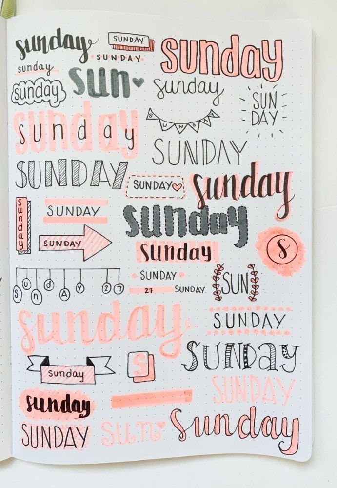 an open notebook with writing on it and the words sunday written in different font styles