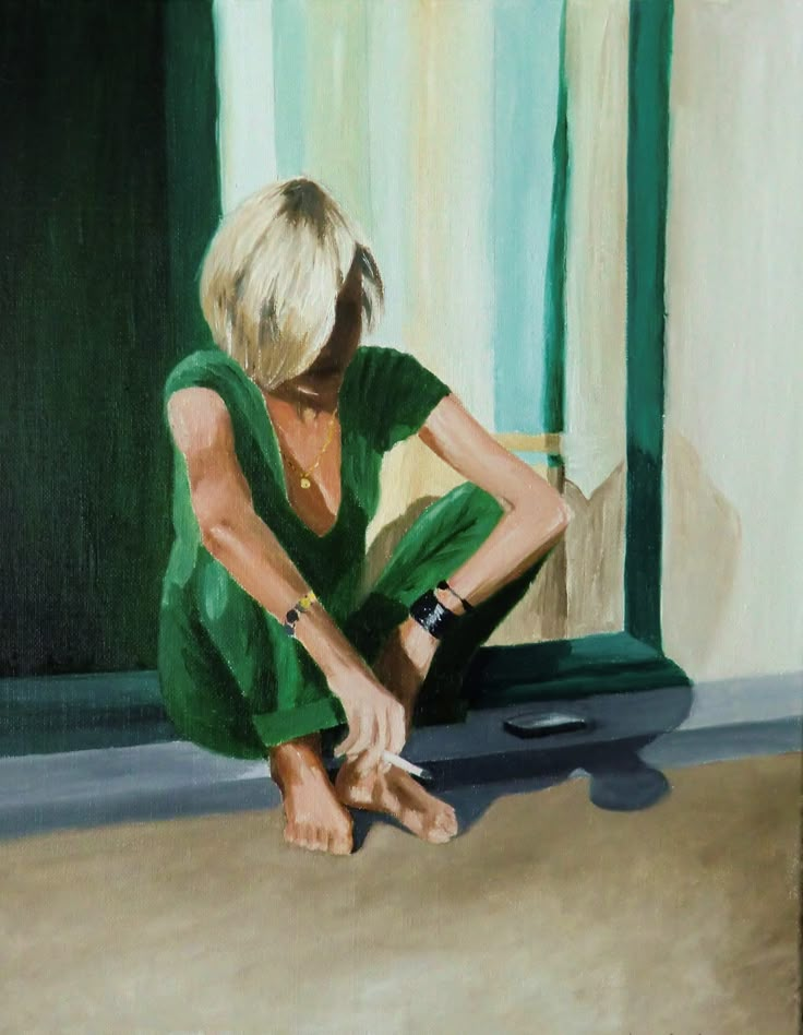 a painting of a woman sitting on the floor