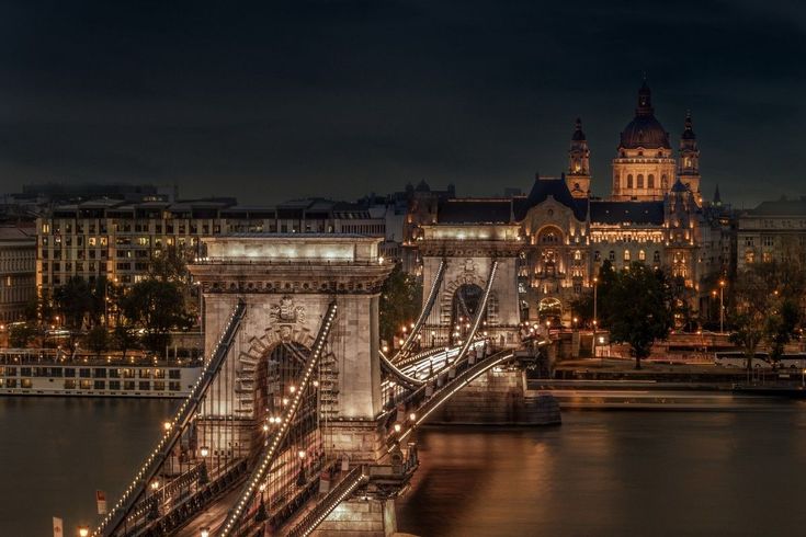 the bridge is lit up at night and has many lights on it's sides