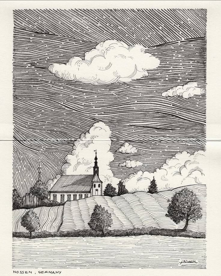 an ink drawing of a church on a hill with trees and clouds in the background