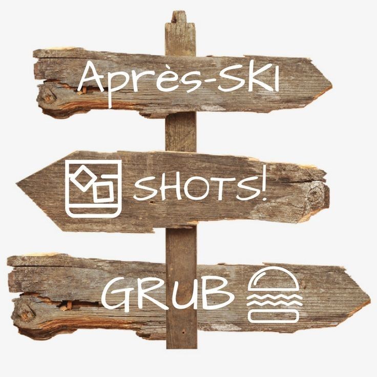 wooden signs pointing in different directions with the words aprress - ski, shots, and grub written on them