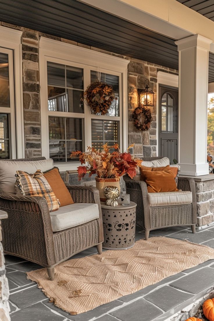 the front porch is decorated for fall with pumpkins