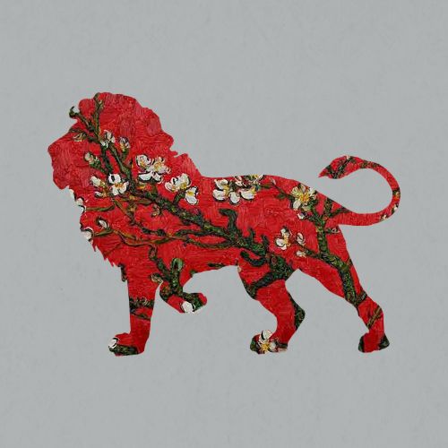 a red lion with flowers on it's tail