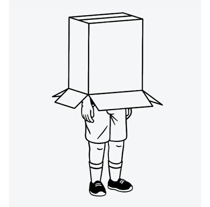 a person with a box on their head is standing in the middle of an outline drawing