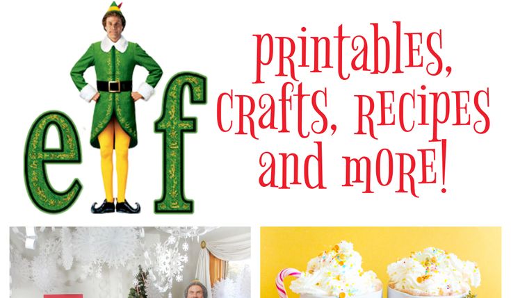 an elf is standing in front of some christmas decorations and other holiday items with the words, printables, crafts, recipes and more