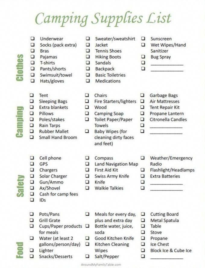 the camping supplies list is shown in green