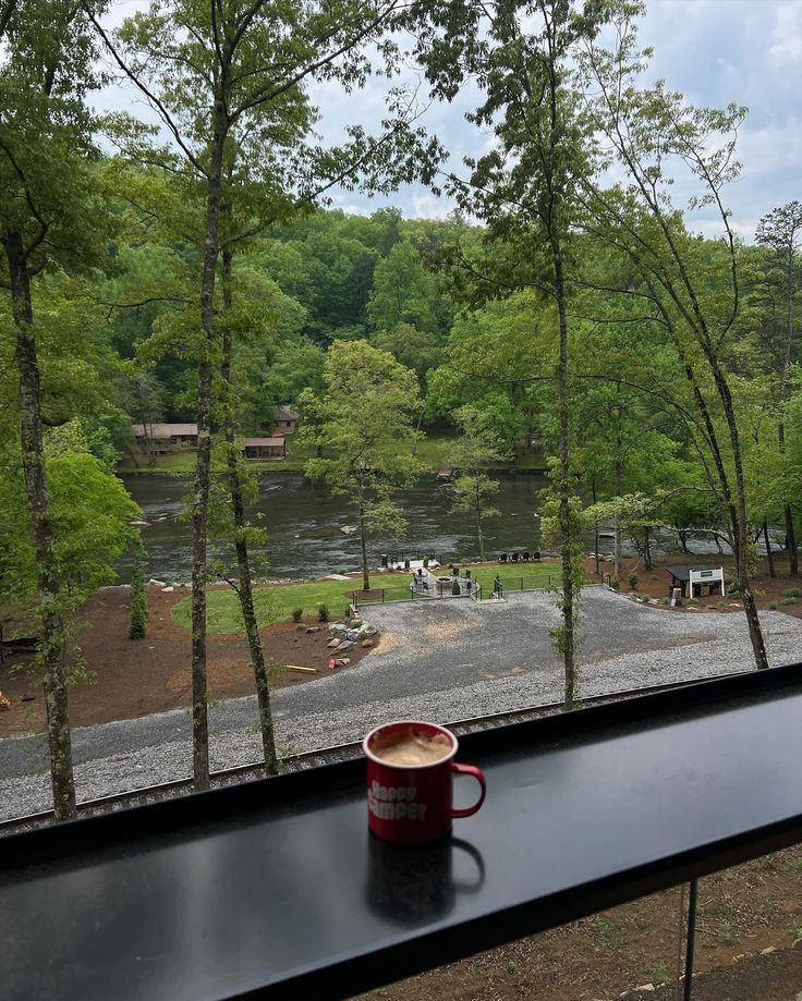 a cup of coffee sitting on top of a window sill next to a forest