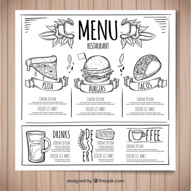 a menu for a restaurant with hand drawn food and drinks on the wooden background illustration