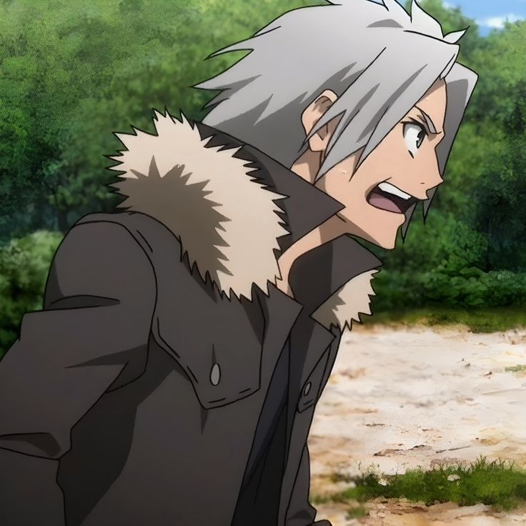 an anime character with grey hair and black jacket standing in front of green trees, looking to the side