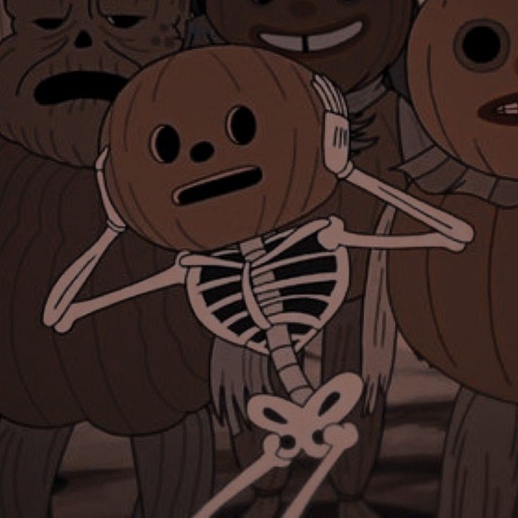 a group of cartoon characters standing next to each other with pumpkins in their hands