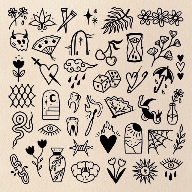 a collection of tattoos drawn in black ink