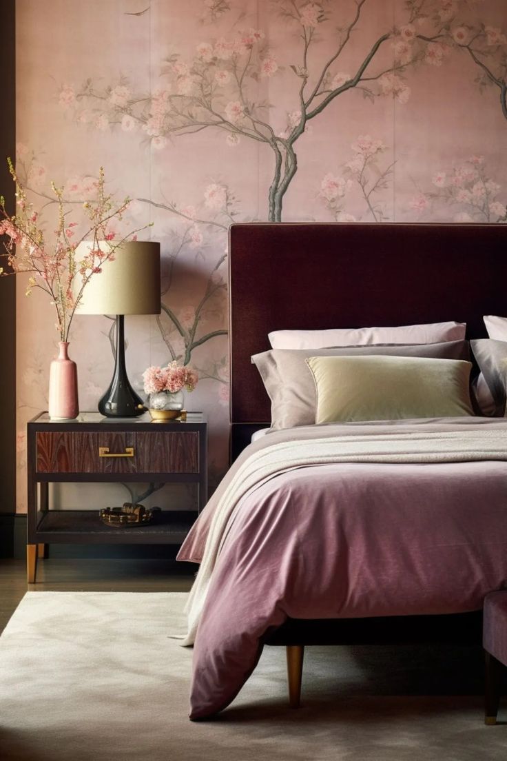 a bedroom with a bed, nightstands and flowers on the wall in front of it