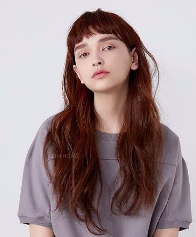 Asian Women Haircut Long, Ginger Hair Tones, Ginger Hair Cool Skin Tone, Wide Face Bangs, Red Hair For Tan Skin Tone, Hair Color Asian Skin, Tanned Skin Hair Color, Long Hair Micro Bangs, Dyed Hair Tan Skin