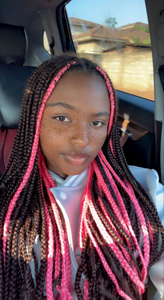 Pink and black peekaboo braids Pink And Black Peekaboo Braids, Black Peekaboo Braids, Pink Peekaboo Hair, Pink Box Braids, Peekaboo Braids, Purple Box Braids, Black Box Braids, Pink And Black Hair, Colored Box Braids