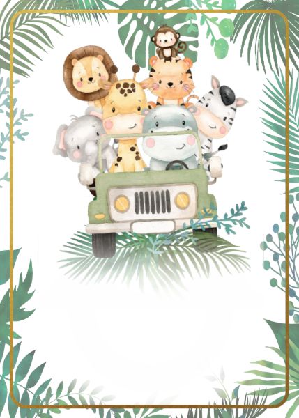 an animal family is riding in the back of a car with palm leaves around it