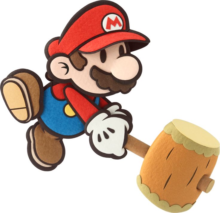 an image of a paper mario playing with a wooden mallet and mushroom shaped object