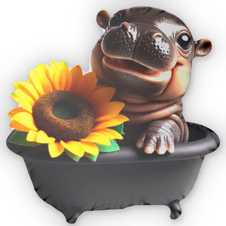 an inflatable hippo sitting on top of a bathtub with a sunflower